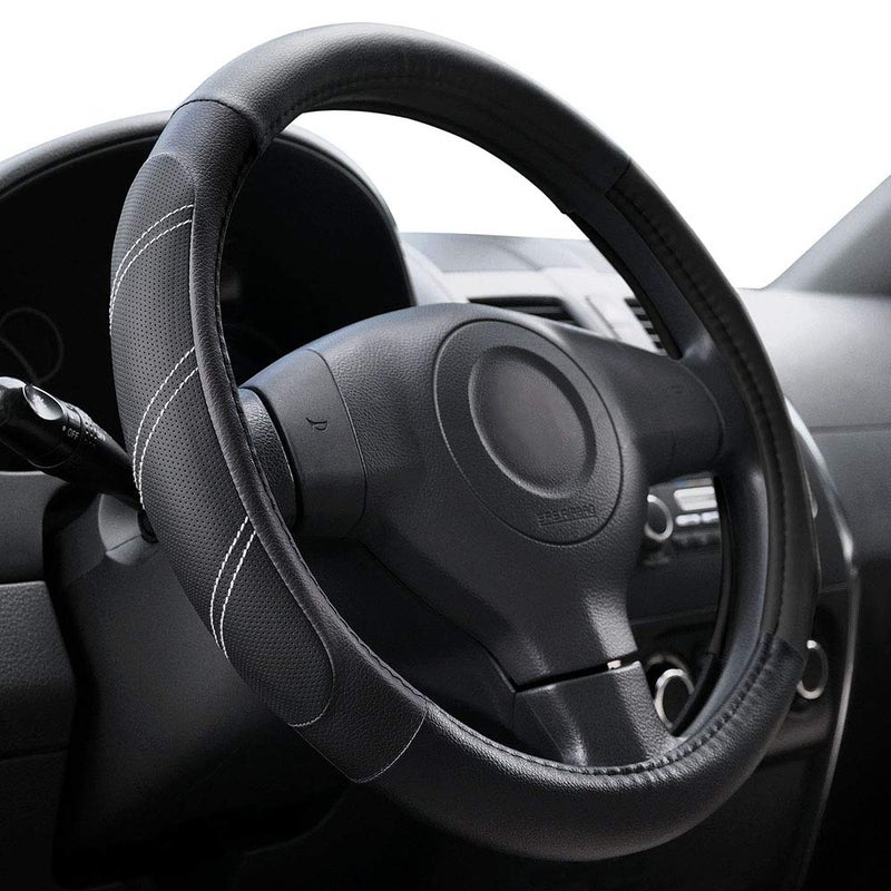 Elantrip Sport Leather Steering Wheel Cover 14 1/2 inch to 15 inch Universal, Padded Soft Grip Breathable for Car Truck SUV Jeep, Anti Slip Odorless Black - Image 1